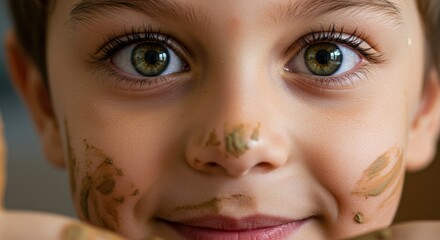 Close-up of a joyful young child with a dirty face and sparkling green eyes