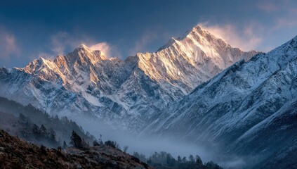 Majestic snow-capped peaks at sunrise, shrouded in mist