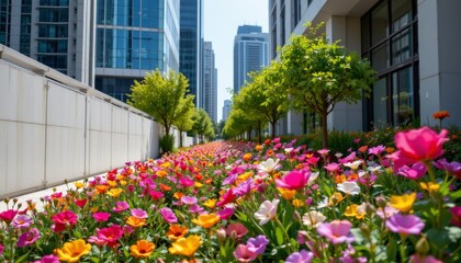 Fototapeta premium Urban Flower Garden with Modern Architecture