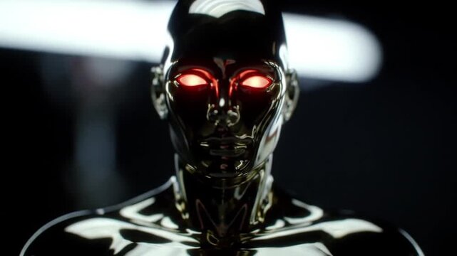 Futuristic chrome humanoid robot with intense red glowing eyes emerges from the shadows, representing advanced artificial intelligence and potential technological power