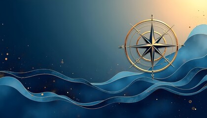 Golden Compass Rose on Blue Ocean Waves Background Navigation Concept