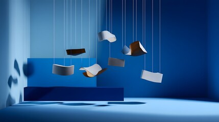 corporate. Abstract geometric shapes float against a gradient blue background, creating a modern and minimalist business concept. pitch deck slides.