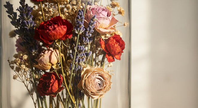 Dried Floral Arrangement - Roses, Lavender, and Babys Breath in Soft Sunlight.
