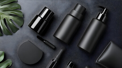 Stylish black cosmetic containers arranged on a dark surface with tropical leaves
