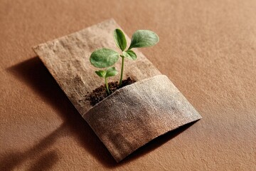 Two small seedlings sprout from biodegradable pouch on brown background
