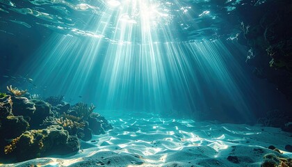 Fototapeta premium Underwater Scene with Light Rays and Sandy Seabed