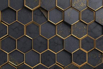 Abstract dark marble hexagons with gold trim, layered and textured