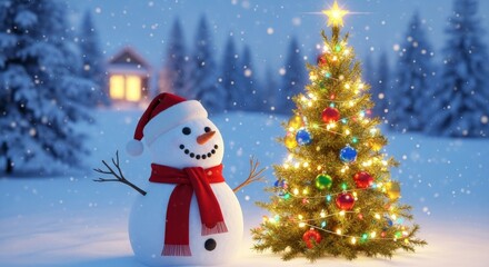 Fototapeta premium Snowman and Christmas Tree with Lights in Winter Wonderland Scene