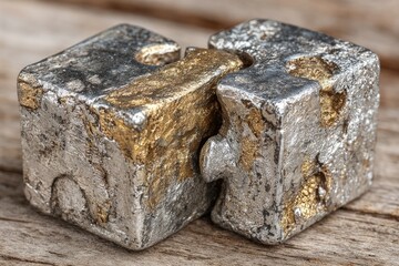 Two metallic puzzle cubes, weathered, interlocked