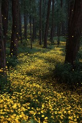 Dark forest path strewn with luminous yellow wildflowers