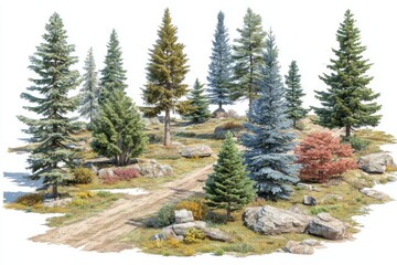 Varied coniferous and deciduous trees arranged around a dirt road, set against a white background