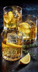 Three rocks glasses filled with amber liquid, ice, and lemon wedges, sit on a dark surface with sprigs of thyme
