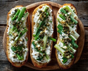 Three toasted bread slices topped with creamy spread, green onions, and capers