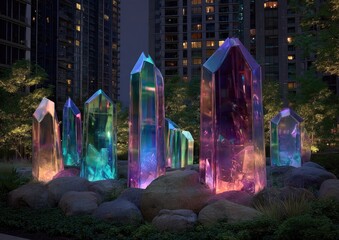 Illuminated crystal structures in a nighttime urban setting