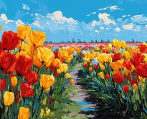 Vibrant tulip field path, sunny sky