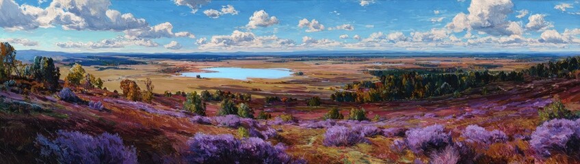 Panoramic view of a tranquil lake nestled within a vibrant autumnal landscape, showcasing a hillside blanketed in purple and red hues