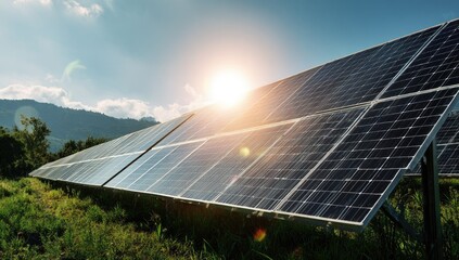 Sunlit solar panels in a field near mountains