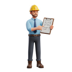 3d cartoon male architect presenting detailed floor layout and construction blueprint isolated on transparent background