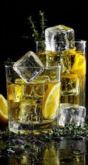 Two whiskey cocktails with ice and lemon