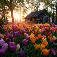 Sunrise illuminates a rustic cabin nestled amongst a vibrant field of tulips