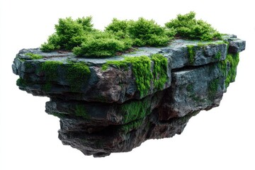 A floating rock formation, mossy and layered, with small green shrubs atop