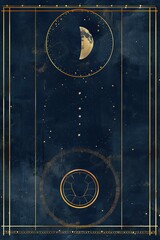 A celestial-themed illustration featuring moons, stars, and geometric patterns against a dark background.