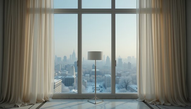 Modern minimalistic room with large window overlooking foggy city skyline and soft beige curtains