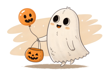 Cute Halloween Ghost with Pumpkin Bucket and Balloon on transparent background