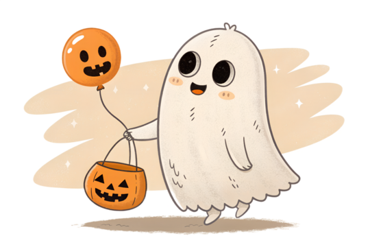 Cute Halloween Ghost with Pumpkin Bucket and Balloon on transparent background