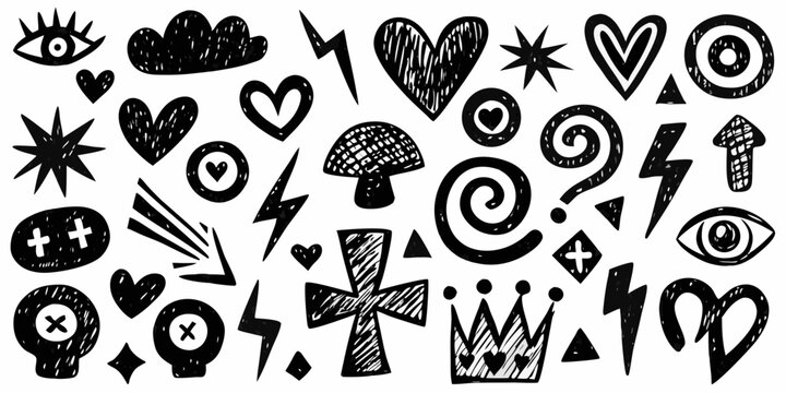 Collection of hand drawn black doodle icons and symbols on white background