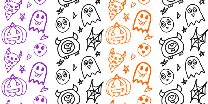 Whimsical hand drawn halloween pattern with ghosts pumpkins devils and spiderwebs
