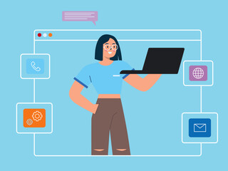Business woman with multitasking skills with her laptop. Technology illustration. Flat vector illustration concept.	