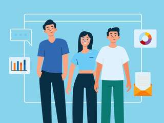 Fototapeta premium Teamwork setting up marketing data to hit target with technology promotion and campaign, modern presentation. Technology illustration. Flat vector illustration concept. 