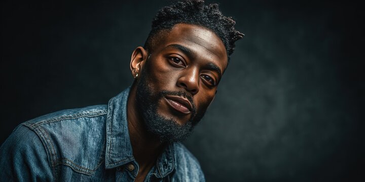 Stylish Portrait of a Confident Man in Denim Jacket Against a Dark Background