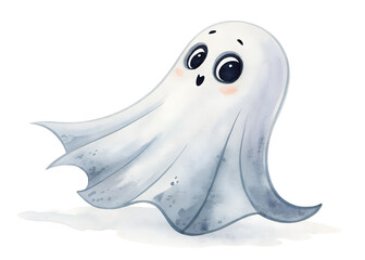 Cute Watercolor Ghost with Big Eyes Illustration on transparent background