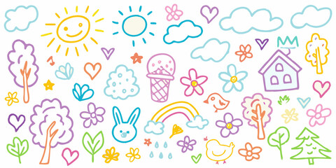 Whimsical hand drawn collection of cute summer elements and nature icons for childrens designs
