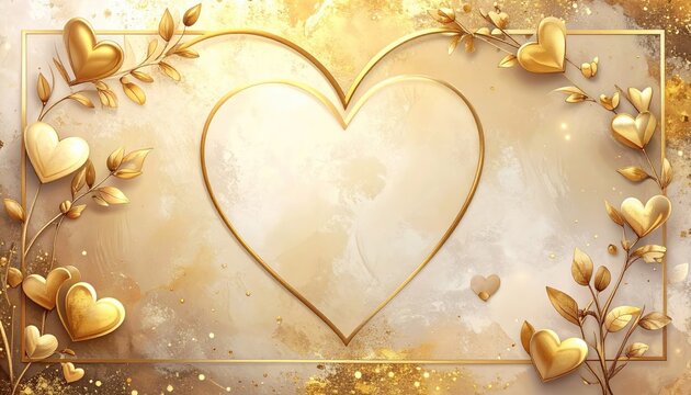 Golden Hearts and Leaves on Beige Background