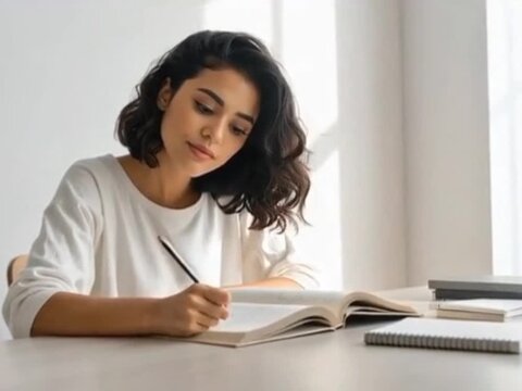 Estudante bonita escrevendo em um caderno.
