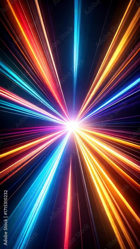 Poster dynamic colorful light streaks convergence with glowing burst on dark background for futuristic abst