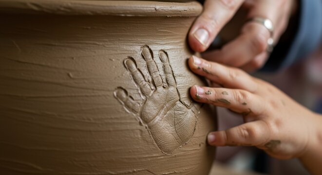 Creating a cherished and lasting memory adult and child hands imprint on wet pottery clay, a symbol of growth and artistic connection - Powered by Adobe