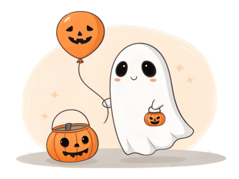 Cute Halloween Ghost with Pumpkin Candy Bucket and Balloon on transparent background