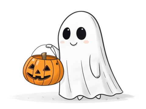 Cute Cartoon Ghost Holding a Pumpkin Basket on Transparent Background