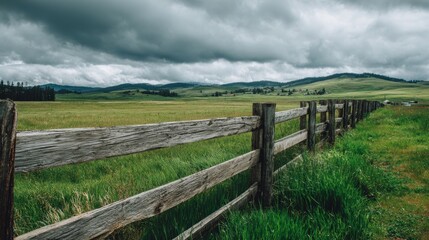 Weathered Wooden Fence Along Green Fields Under Cloudy Blue Sky in Countryside.