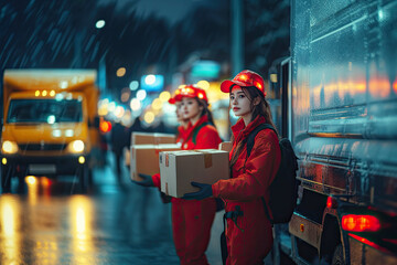 Obraz premium Two delivery workers in red uniforms carry boxes on a rainy night, with trucks and city lights creating a vibrant, urban backdrop.