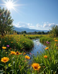 Fototapeta premium Meadow Stream with Wildflowers and Mountain Backdrop