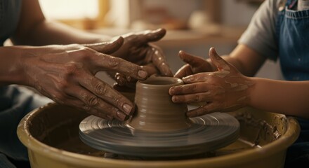 Close-up of adult and child hands collaboratively shaping wet clay on a pottery wheel, fostering creativity and shared craft experience in a studio setting