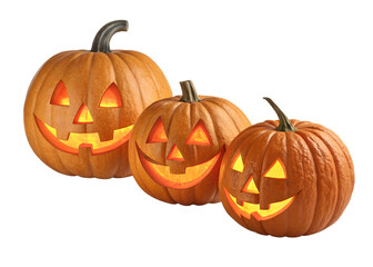 Fototapeta premium Three Glowing Jack O Lanterns Arranged Together on Transparent Background