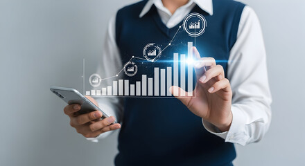 Businesswoman Analyzing Financial Data and Growth Trends Using Smartphone and Digital Graphs for Market Analysis and Investment Strategies