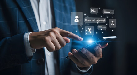 Businessman using smartphone with digital interface icons representing technology communication and connectivity in a modern corporate setting