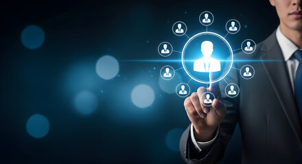 Businessman in Suit Interacting with Digital Social Network Interface Showing Human Icons and Connection Lines for Technology and Networking Concept